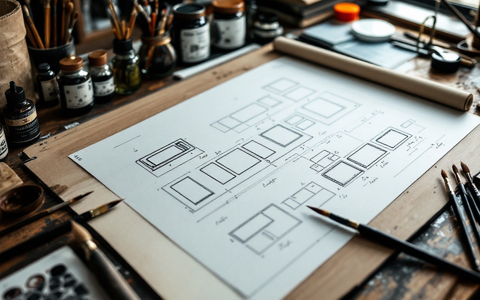 A drawing board with a pencilled panel layout and inked panels beside brushes and ink bottles