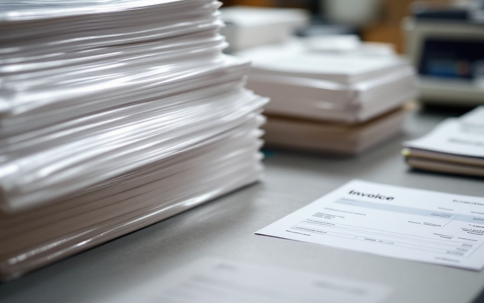 An invoice and packing list on a counter beside stacked shrink-wrapped bundles