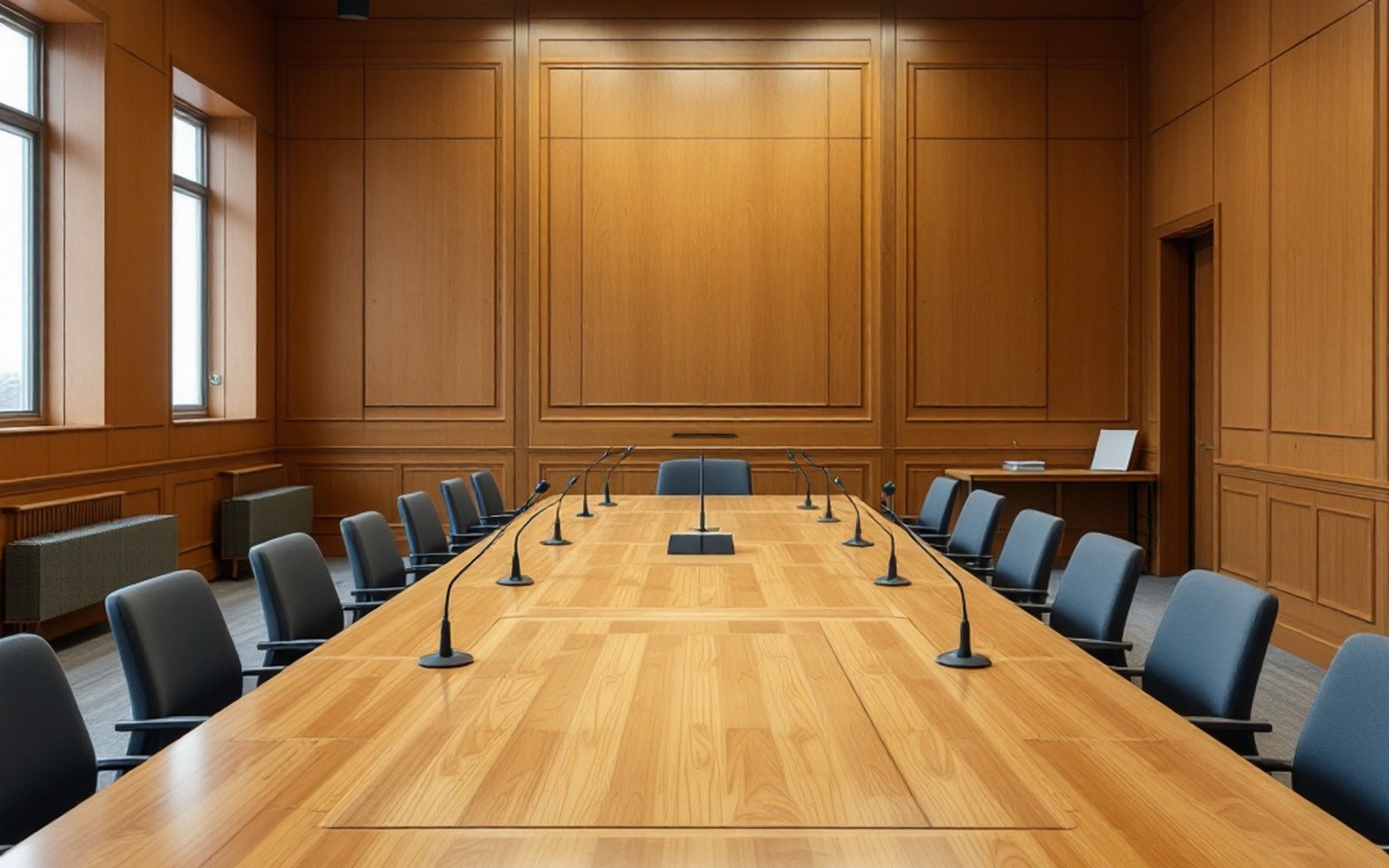 A wood-panelled hearing room with a long table, microphones and press seating, empty
