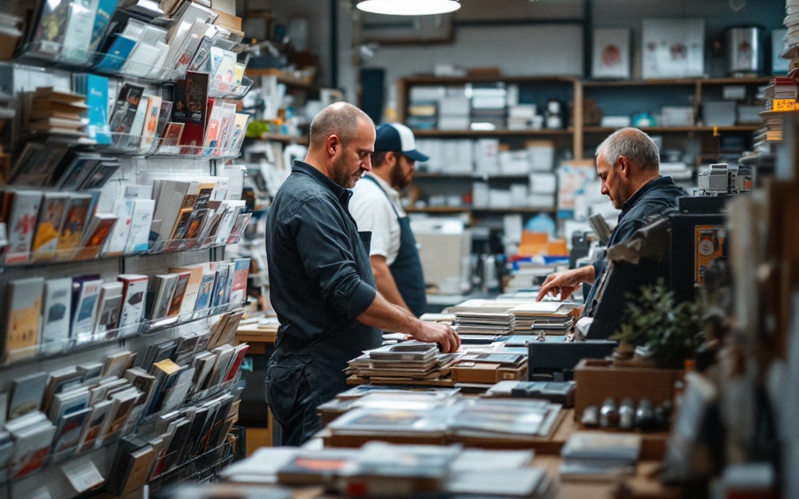 The interior of a small specialist shop with wall racks of pamphlets in plastic sleeves, adults browsing